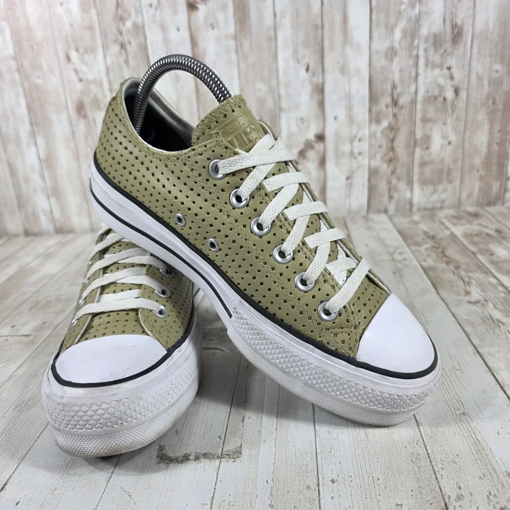 Converse Chuck Taylor All Star Lift Platform Olive Green Perforated Leather 8 - Picture 6 of 8